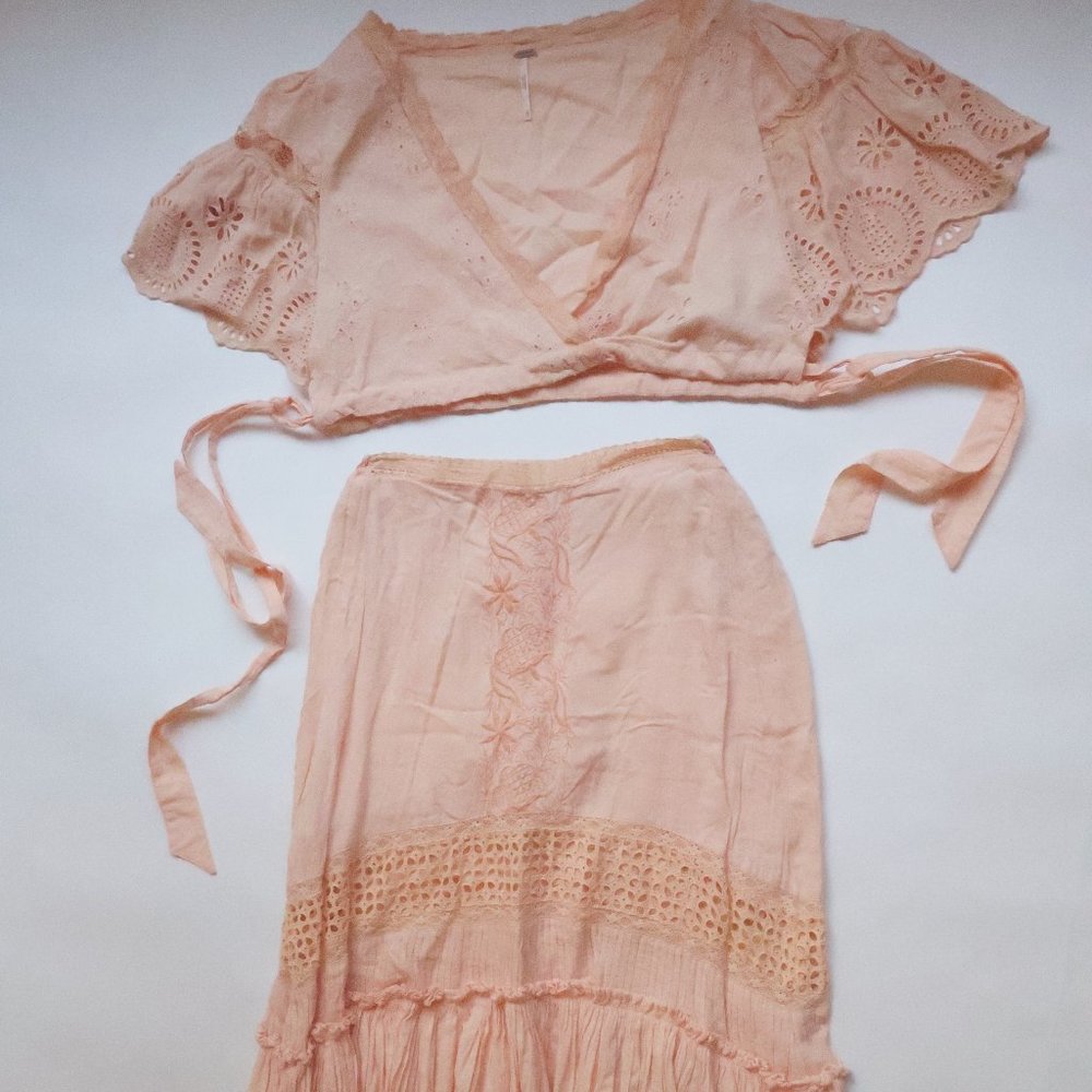 Free People Peach Two Piece Maxi Skirt + Oversized Crop Top Set - Size XS